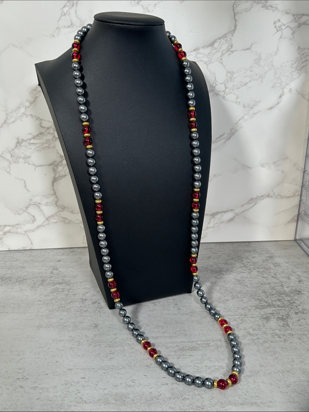 Long Gray Beads with Red Necklace - Women's Fashion Jewelry